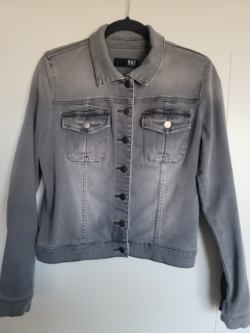 KUT Amelia Denim Jacket M Gray Black Distressed Stretch